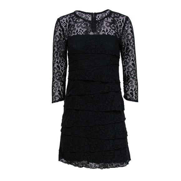Laundry by Shelli Segal Black Sheer Lace Tiered Mini Little Dress Women's Size 6 - Picture 1 of 6